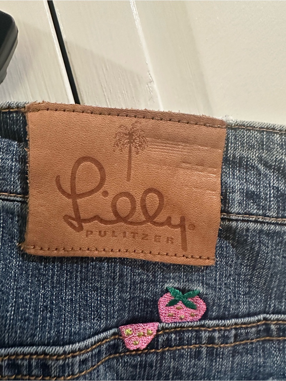 Lilly Pulitzer Dark Blue Denim Mini Skirt with Pink Strawberry Embroidery, 12 - Picture 3 of 5